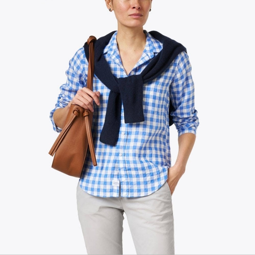 Frank & Eileen Barry Linen Blue Check Button Down Blouse Size XXS